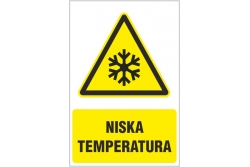 Niska temperatura - znak ostrzegawczy - naklejka napis