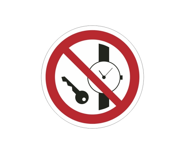 znak zakazu naklejka - zakaz posiadania przed. metalowych i zegarków - sklep bhp elmetal tablice i naklejki bhp 4