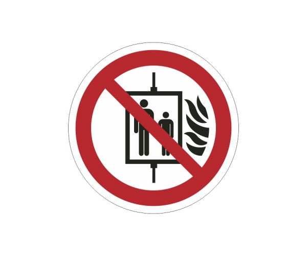 znak zakazu naklejka - zakaz używania windy podczas pożaru - sklep bhp elmetal tablice i naklejki bhp 4